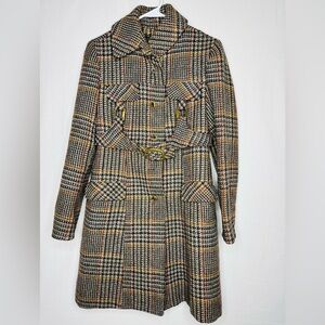 Vintage Womens Margit Brandt Tweed Long Pea Coat Retro Plaid Indie Hipster